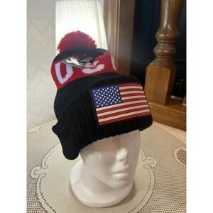 Team USA American Flag Pom Beanie Hat Red White Blue Knit NWT Patriotic